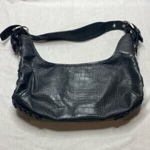 Stuart Weitzman Black Crocodile-Embossed Leather Hobo Bag Silver Hardware